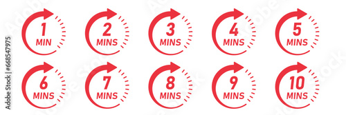 From 1 minite to 10 minutes on stopwatch icon in flat style. Clock face timer vector illustration on isolated background. Countdown sign business concept.