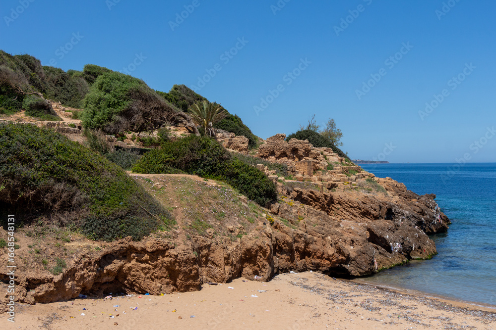 Ruins of the Roman Archeological Park of Tipaza ( Tipasa ), Algeria. Green hill and plastic polluted beach.