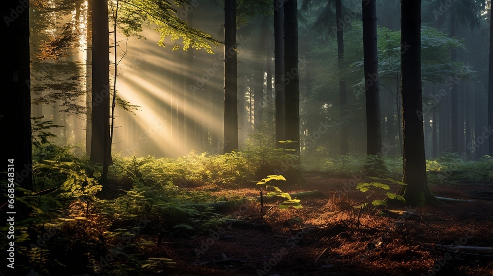 Fototapeta premium Sunbeams Through Misty Forest Morning