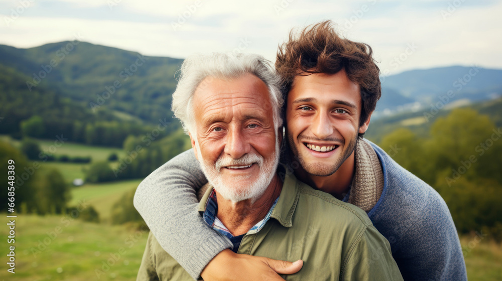 Happy smiling senior father with adult son hugging outdoors in nature. Family love and Father's Day concept. Happy smiling senior father with adult son hugging outdoors in nature. Family love and Father's Day concept.