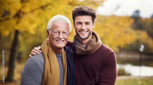 Happy smiling senior father with adult son hugging outdoors on nature. Family love and Father's Day concept.