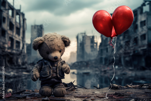 A dirty bear doll and red balloons on a war destroyed city