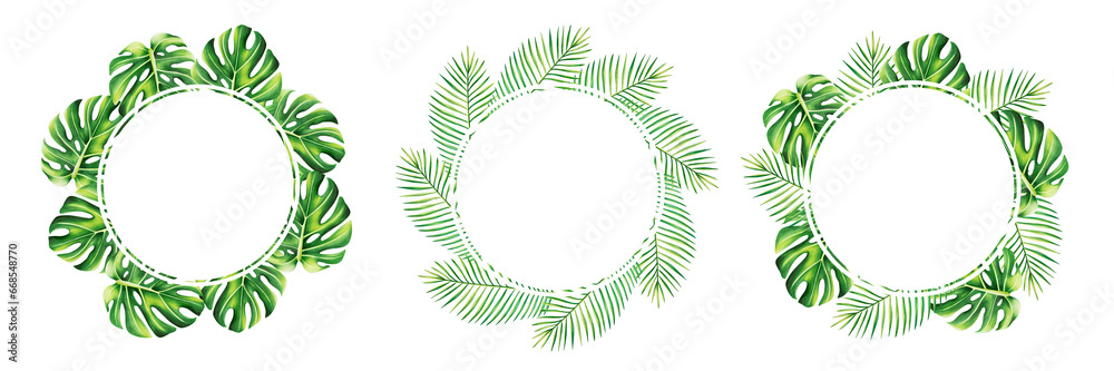 Obraz premium Watercolor set of frames with realistic tropical illustration of palm leafs and monstera isolated on white background. Beautiful botanical hand painted floral logo. For de