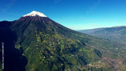 Aerial view of many agricultural fields on the foothills of the tungurahua volcano in Banos de Agua Santa in Ecuador, South America photo