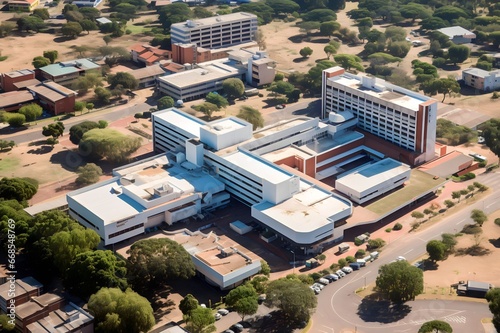 Aerial view of modern hospital building