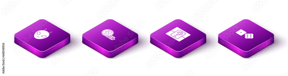 Set Isometric Alien, Coin for game, Mystery random box and Game dice icon. Vector Set Isometric Alien, Coin for game, Mystery random box and Game dice icon. Vector