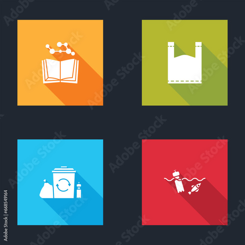 Set Open book, Plastic bag, Recycle bin with recycle and Problem pollution of the ocean icon. Vector