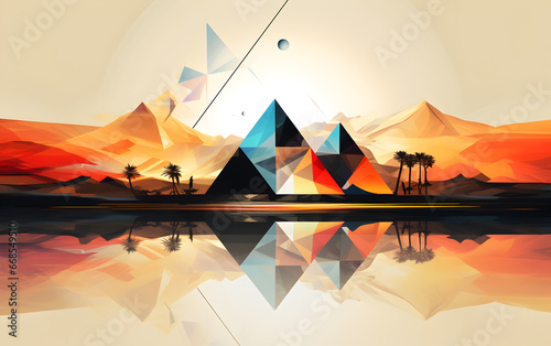 Surreal abstract Egyptian landscape featuring a pyramid amidst a serene desert oasis with a perfect reflection and radiant sun. Ideal for contemporary art projects.