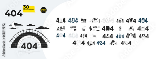 Unique creative black and white 404 errors isolated illustrations bundle. Robotics, rocket space, cute not found outline cartoon images isolated. Summertime linear empty states collection ui design