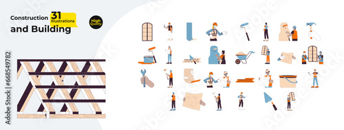 Construction building renovation line cartoon flat illustration bundle. Diverse contractors working 2D lineart characters isolated on white background. House builders vector color image collection