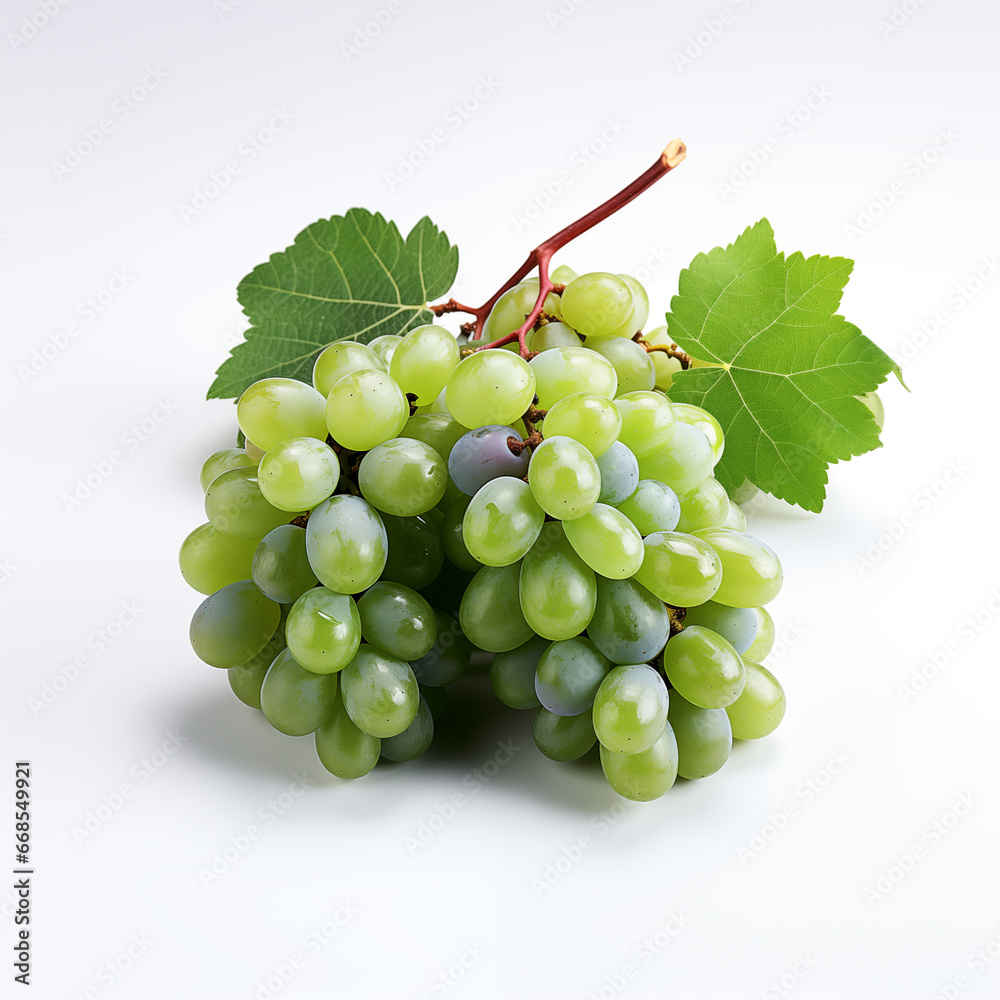 A bunch of green grapes with a leaf.