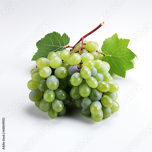 A bunch of green grapes with a leaf.
