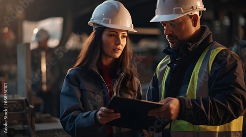 Confident woman engineer giving instructions to male worker on construction site. Strong female leader with STEM education, breaking barriers in the maledominated engineering field.