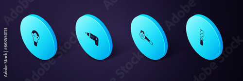 Set Isometric Rasp metal file, Leaf garden blower, Electric cordless screwdriver and Angle grinder icon. Vector