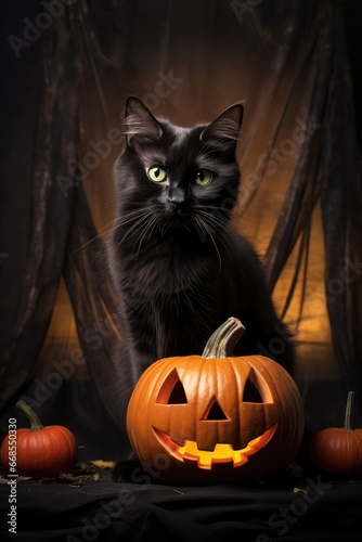 Black cat and pumpkin - generative ai © BrandwayArt