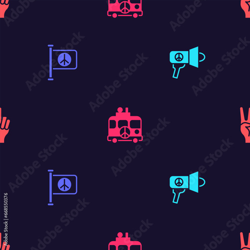 Set Megaphone, Flag peace, Hippie camper van and Peace symbol on seamless pattern. Vector