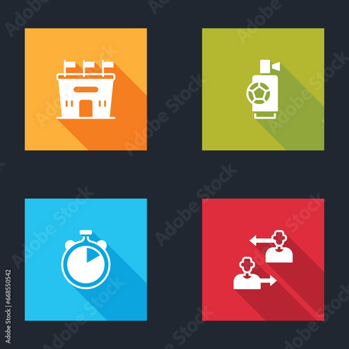 Set Football stadium, Air horn, Stopwatch and Substitution football player icon. Vector