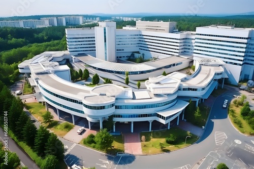 Aerial view of modern hospital building