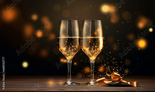 Champagne glasses and gold glitter confetti 