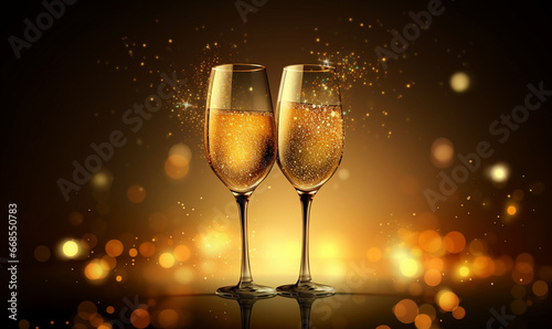Champagne glasses and gold glitter confetti 