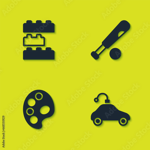 Set Toy building block bricks, Radio controlled car toy, Palette and Baseball bat with ball icon. Vector
