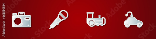 Set Photo camera, Microphone, Toy train and Radio controlled car toy icon. Vector