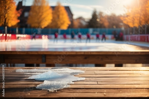 Empty wooden table top with ice rink where hockey match is taking place in background with bokeh autumn sunlight. Generative AI.
