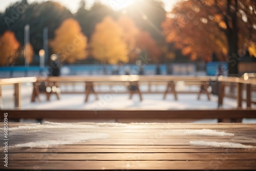 Empty wooden table top with ice rink where hockey match is taking place in background with bokeh autumn sunlight. Generative AI. photo