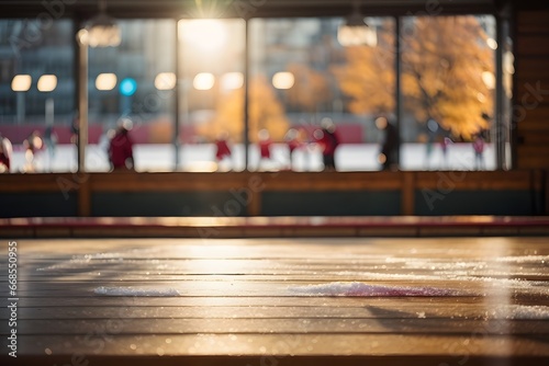 Empty wooden table top with ice rink where hockey match is taking place in background with bokeh autumn sunlight. Generative AI. photo