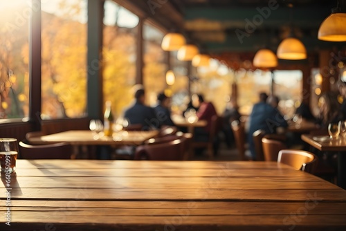 Empty wooden table top with restaurant full of guests in background with bokeh autumn sunlight. Generative Ai.