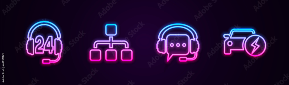 Set line Headphone for support, Hierarchy organogram chart, Headphones with speech bubble and Electric car. Glowing neon icon. Vector Set line Headphone for support, Hierarchy organogram chart, Headphones with speech bubble and Electric car. Glowing neon icon. Vector