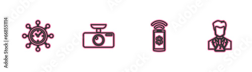 Set line Clock and gear, Contactless payment, Car DVR and Scientist test tube icon. Vector