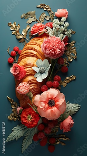 Croissant decorated with flowers, fresh and delicious. On a blue background with space for text.