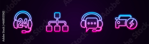 Set line Headphone for support, Hierarchy organogram chart, Headphones with speech bubble and Electric car. Glowing neon icon. Vector