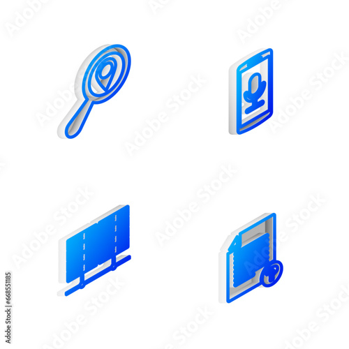 Set Isometric line Mobile recording, Search location, Server, Data, Web Hosting and Unknown document icon. Vector