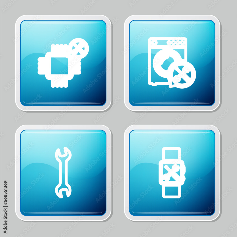 Set line Processor service, Washer, Wrench and Smartwatch icon. Vector Set line Processor service, Washer, Wrench and Smartwatch icon. Vector