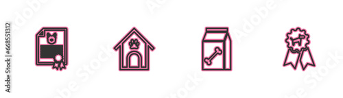 Set line Certificate for dog or cat, Bag of food pet, Dog house and paw print and award symbol icon. Vector