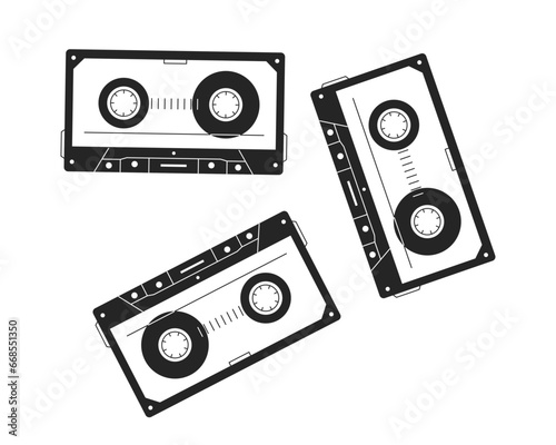 Old cassette tapes black and white 2D line cartoon object. Vintage audiotapes isolated vector outline item. Retro audiocassette equipment. Plastic recording monochromatic flat spot illustration