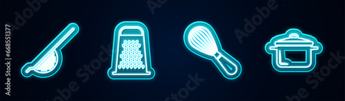 Set line Kitchen colander, Grater, whisk and Cooking pot. Glowing neon icon. Vector
