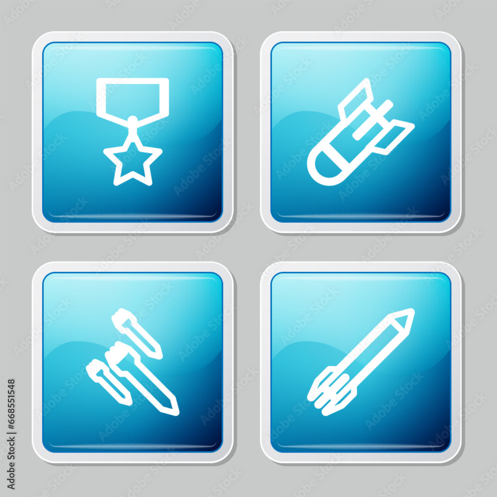 Set line Military reward medal, Aviation bomb, Rocket and icon. Vector Set line Military reward medal, Aviation bomb, Rocket and icon. Vector