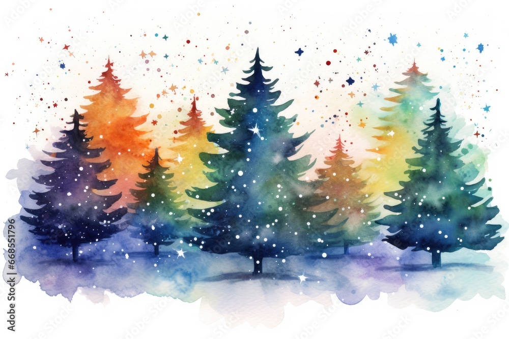 colorful christmas tree forest watercolor drawing