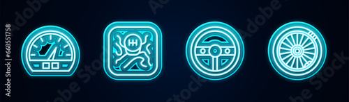 Set line Speedometer, Gear shifter, Steering wheel and Car. Glowing neon icon. Vector