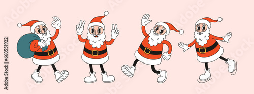 Funny happy Santa Claus character in different poses. Groovy vector illustration in retro style.