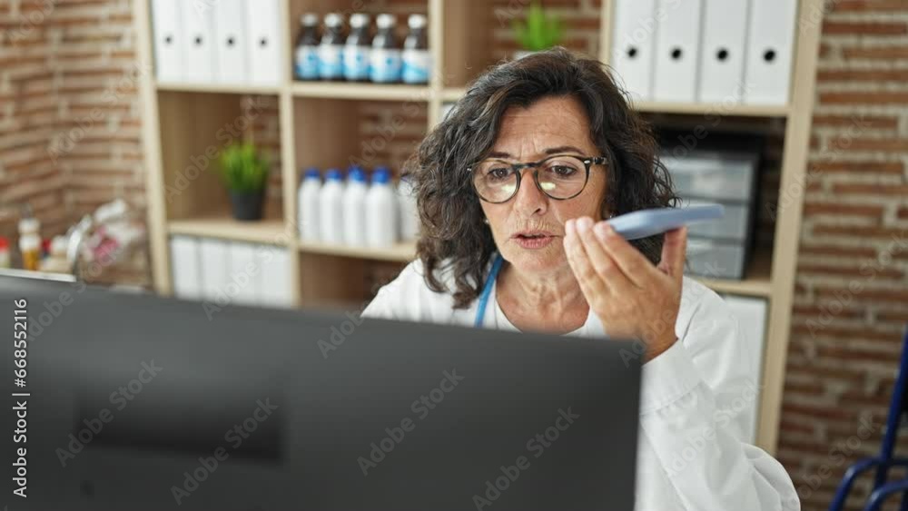 Middle age hispanic woman doctor sending voice message using computer at the clinic Middle age hispanic woman doctor sending voice message using computer at the clinic