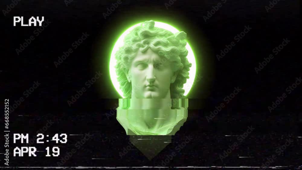 Fake VHS tape with distortion and hue shift: the head of an ancient greek statue representing a fierce man with long curly hair, over an illuiminated round sphere behind it. Vaporwave vibes.
