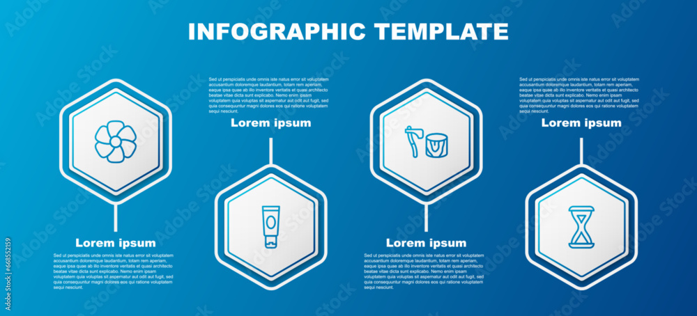 Set line Flower, Cream or lotion cosmetic tube, Wooden axe in stump and Sauna hourglass. Business infographic template. Vector