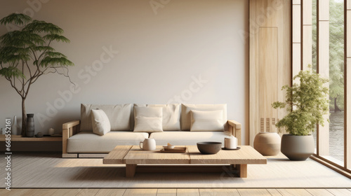 Asian Minimalism home interior living room, Inspired by Japanese aesthetics, it emphasizes simplicity, clean lines, low furniture, and natural materials