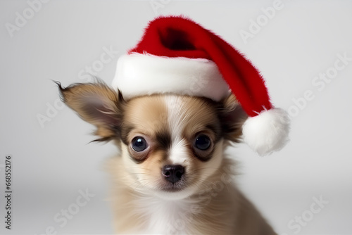 Cute small chihuahua puppy in Santa Claus Christmas red hat on light background