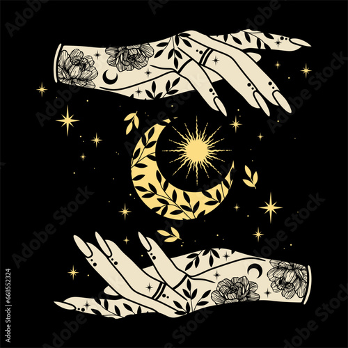 Magical crescent and boho woman hands. Alchemy esoteric magic space, vector isolated on black background.