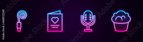 Set line Birthday party horn, Postcard with heart, Microphone and Muffin. Glowing neon icon. Vector